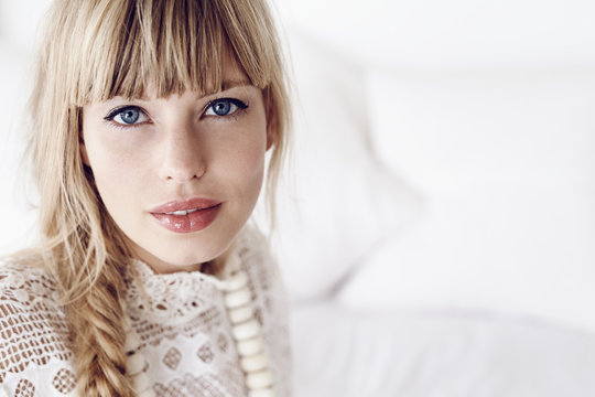 Blue eyed lady looking at camera
