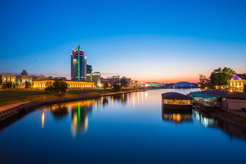 Naklejka premium City center of Minsk at sunset. Night view of street in Minsk, B