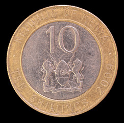 Tail of ten shillings coin, issued by Kenya in 2009 depictingthe lions and the shield, symbol of the country