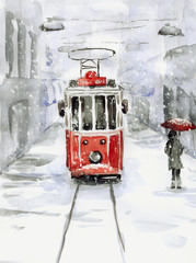 Obraz premium Snowfall and old tram