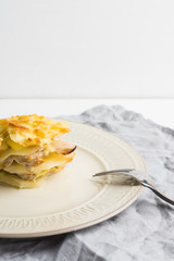 Potato casserole with meat on the wooden table