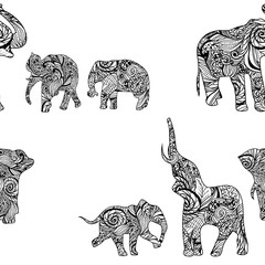Pattern with elephants in Indian style, vector endless background