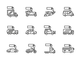 Vehicles sale black line vector icons set