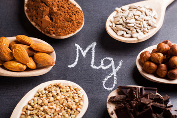 Products rich in magnesium on wooden spoons.