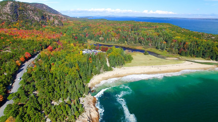 Beautiful fall colors of Acadia, Maine. Aerial view from helicop - obrazy, fototapety, plakaty