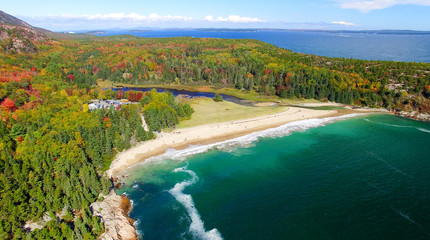 Beautiful fall colors of Acadia, Maine. Aerial view from helicop