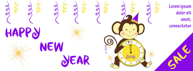 New year sale horizontal banner with cute monkey