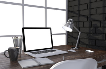 3D illustration laptop and work stuff on table near brick wall, Workspace