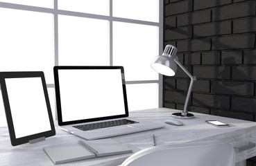 3D illustration laptop and work stuff on table near brick wall, Workspace