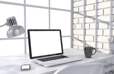 3D illustration laptop and work stuff on table near brick wall, Workspace