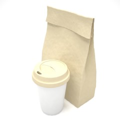 Coffee to go and lunch bag, on white.