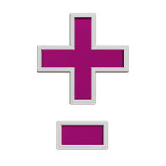 Hyphen, minus, plus marks from pink glass with white frame alphabet set, isolated on white. Computer generated 3D photo rendering.