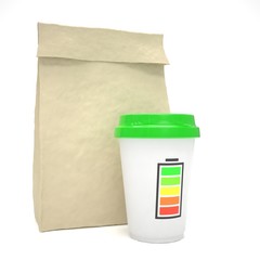 Coffee to go and lunch bag, on white.