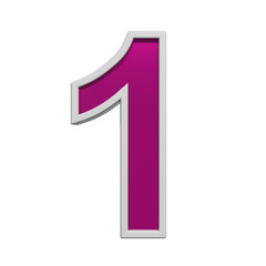 One digit from pink glass with white frame alphabet set, isolated on white. Computer generated 3D photo rendering.