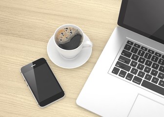 Laptop smartphone and coffee cup on wood table