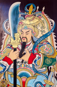 Statue Of Guan Yu deva [God of honor] paint fine art on door.