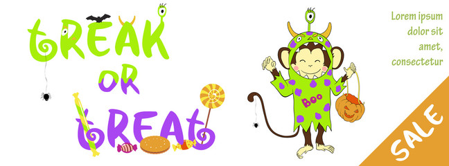Halloween sale horizontal banner with cute monkey