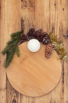 Christmas wooden board on brown wooden background