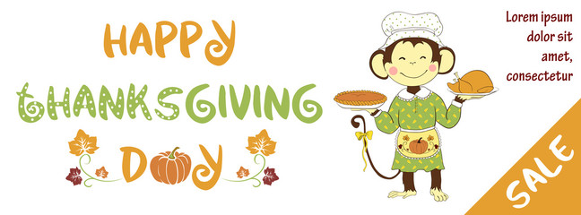 Thanksgiving day sale banner with cute monkey