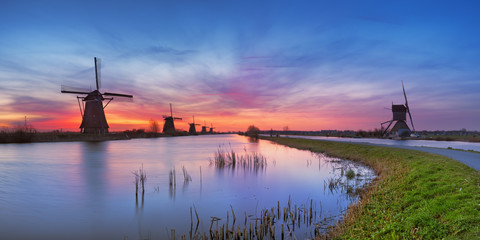 Traditional windmills at sunrise, Kinderdijk, The Netherlands