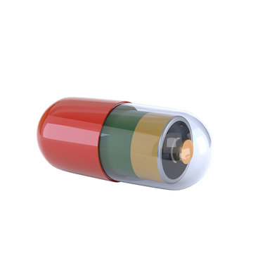 Capsule with an electric battery inside, isolated on white backg