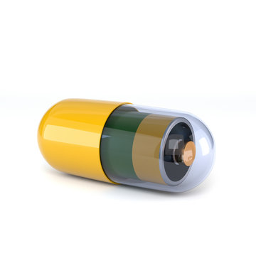 Yellow capsule with electric battery inside, isolated on white b