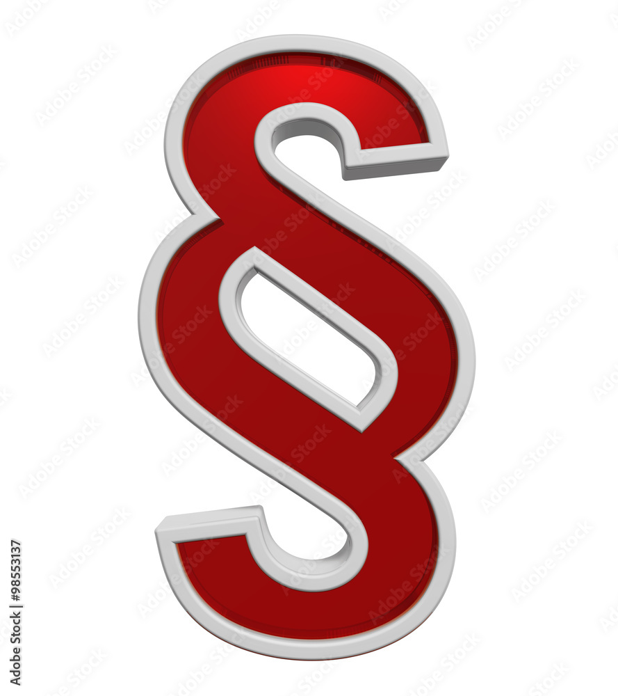 Fototapete paragraph sign from red glass with white frame alphabet set, isolated on white. computer generated 3
