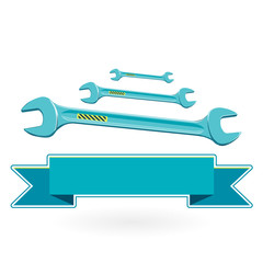 Blue nice classical average tighten Metal key for srew and nut on white Construction tools flatten illustration master vector icon