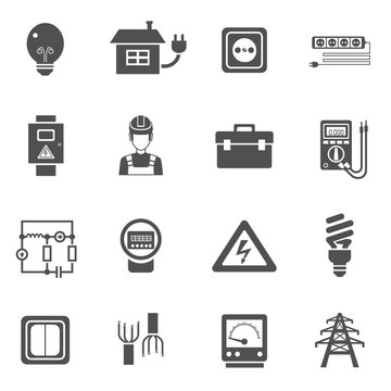  Electricity Black White Icons Set 
