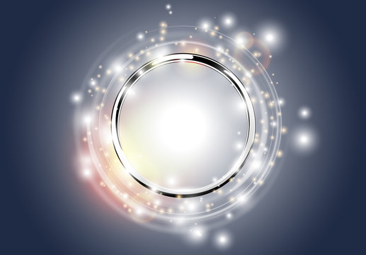 Abstract silver background. Metal chrome ring with light circles and spark with light effect. Vector sparkling glowing round frame on dark. Space for your message.