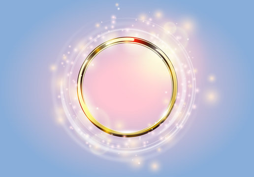 Abstract background. Golden ring with light circles and spark with light effect. Vector sparkling glowing round frame on blue and pink. Space for your message.