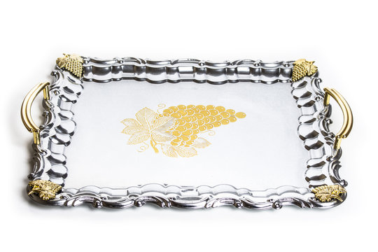 empty silver vintage rectangular tray isolated on white background