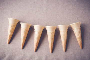 Ice cream cones copy space background, toning, selective focus