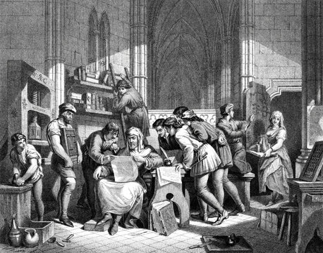 An engraved vintage illustration image of  William Caxton reading the first proof sheet from his printing press, from a Victorian book dated 1886 