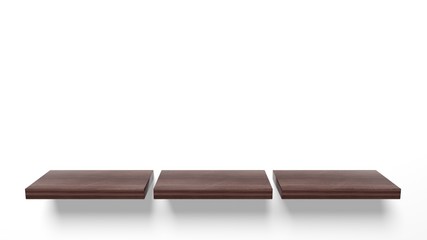 Empty wooden wall shelves, isolated on white background.