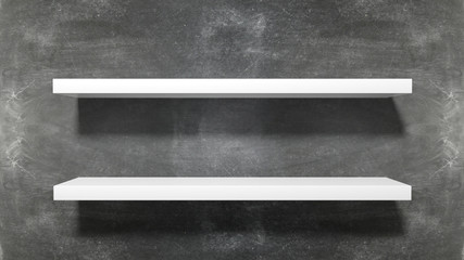 Two white empty shelves on blackboard background.