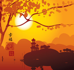 China landscape with Pagoda on mountains and tree branch. Hieroglyphs Happiness