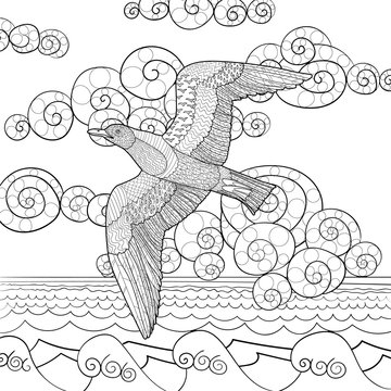 Antistress coloring page with seagull.