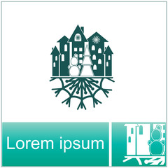 Christmas town with xmass tree and snowman stands on a snowflake