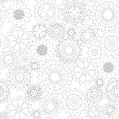 Business mechanism concept. Abstract background with connected gears and icons for strategy, service, analytics, research, seo, digital marketing, communicate concepts. Vector seamless pattern
