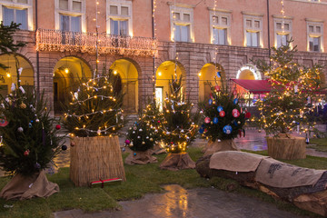 Fototapeta na wymiar Alberi di Natale in Piazza del Popolo a San Severino Marche