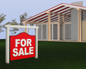 Home For Sale Real Estate Sign and Beautiful New House.
