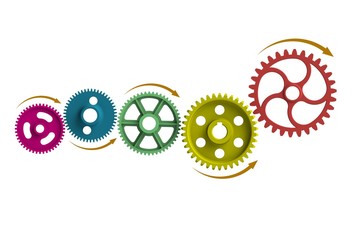 Lots of industrial top view move color gear  isolated on a white background