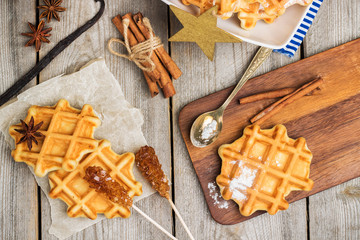 Homemade belgian waffles with sugar powder