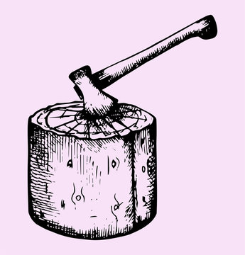 axe in wood block sketch clip art preview