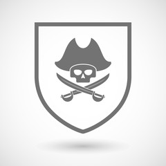 Line art shield icon with a pirate skull