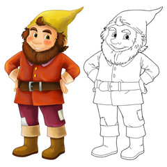 Cartoon dwarf isolated - with additional coloring page - illustration for the children
