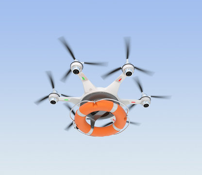 Drone carrying lifebuoy for lifesaving concept.