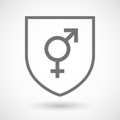 Line art shield icon with a transgender symbol