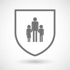 Line art shield icon with a male single parent family pictogram
